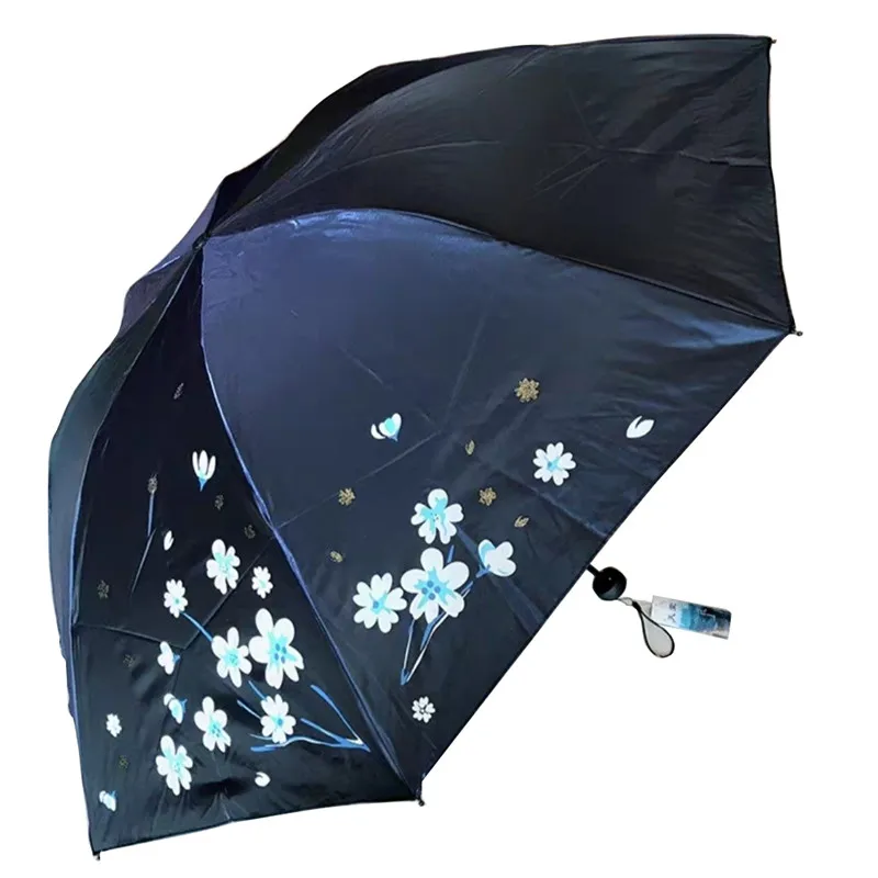 Красивый женский зонт с защитой от ультрафиолета, с черным покрытием, 3 складной зонт от дождя и солнца для женщин, женские зонты, удобные ручки