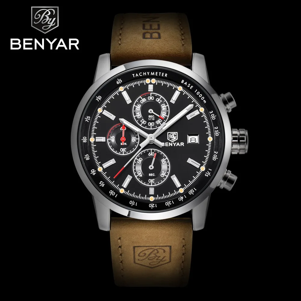 Мужские часы BENYAR, модный бренд, спортивные кварцевые часы, кожаный Хронограф, водонепроницаемые часы, военные мужские часы horloges mannen