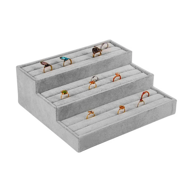 2016 High Quality Gray 3 Tier Velvet Ring Jewelry Display Holder Stand