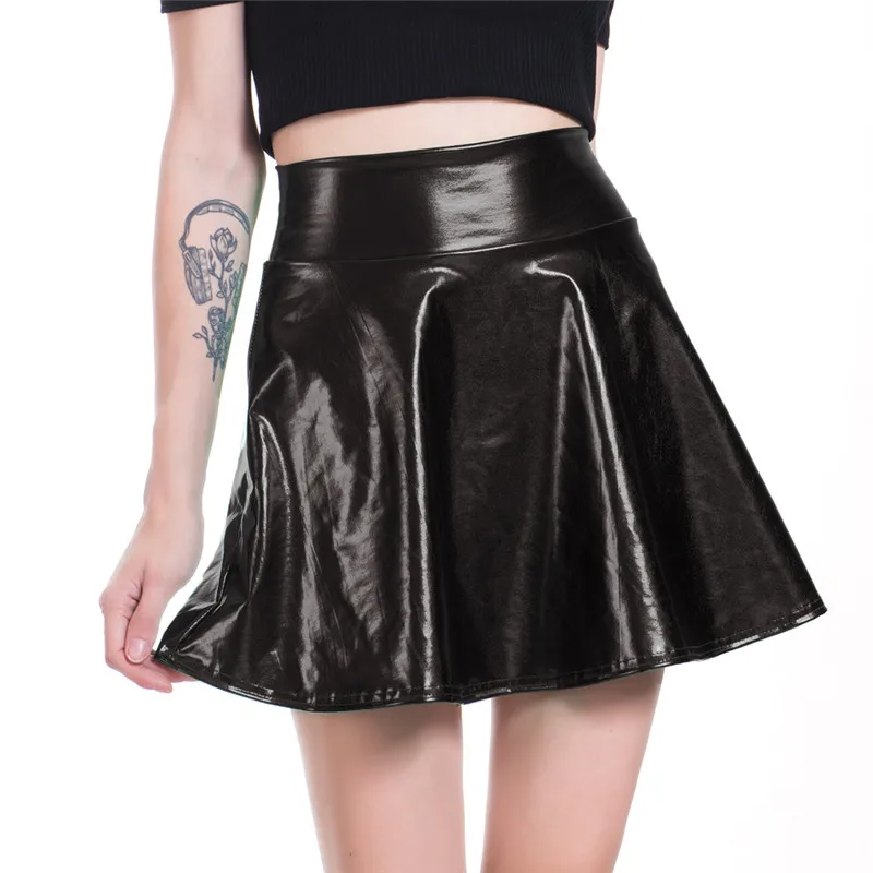 Сексуальные мини-юбки из искусственной кожи, мигающие цвета металлик, Женская эластичная плиссированная юбка с высокой талией, расклешенная юбка, модная летняя уличная одежда