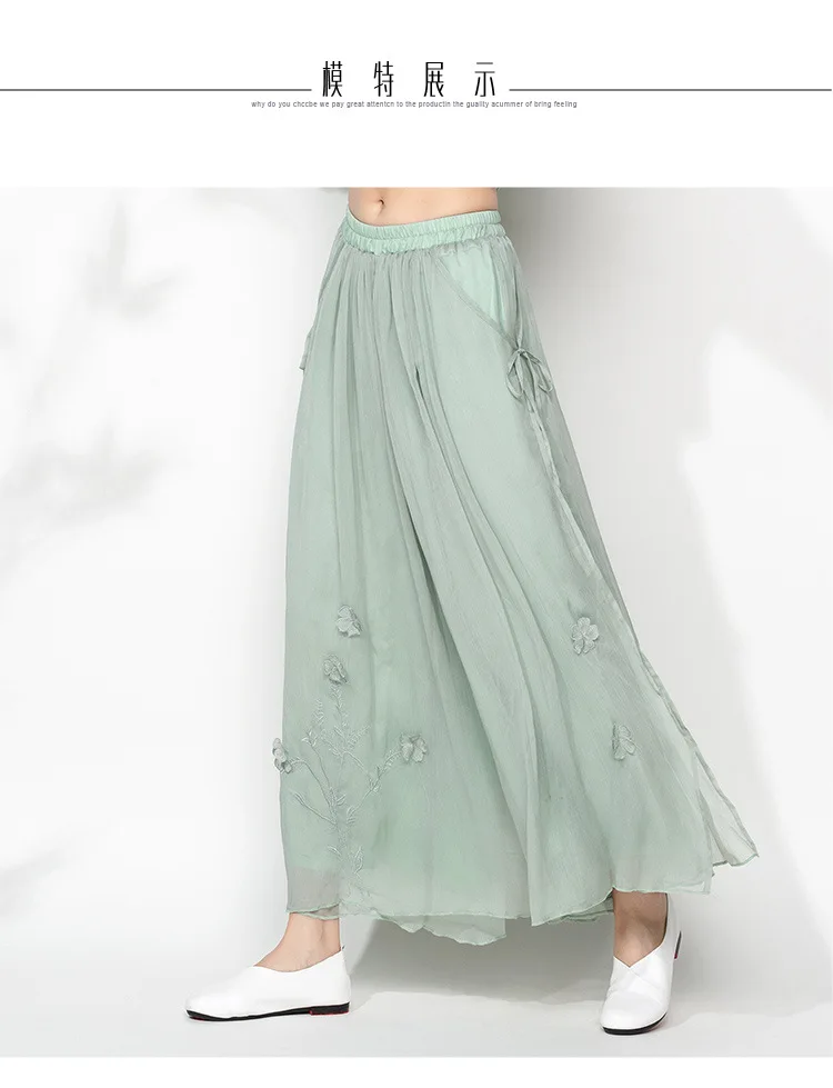 Vintage Floral Embroidery Multi-layer Wide Leg Pants Women Loose Chiffon Skirt Trousers 4 Color plus size Slacks pantalones