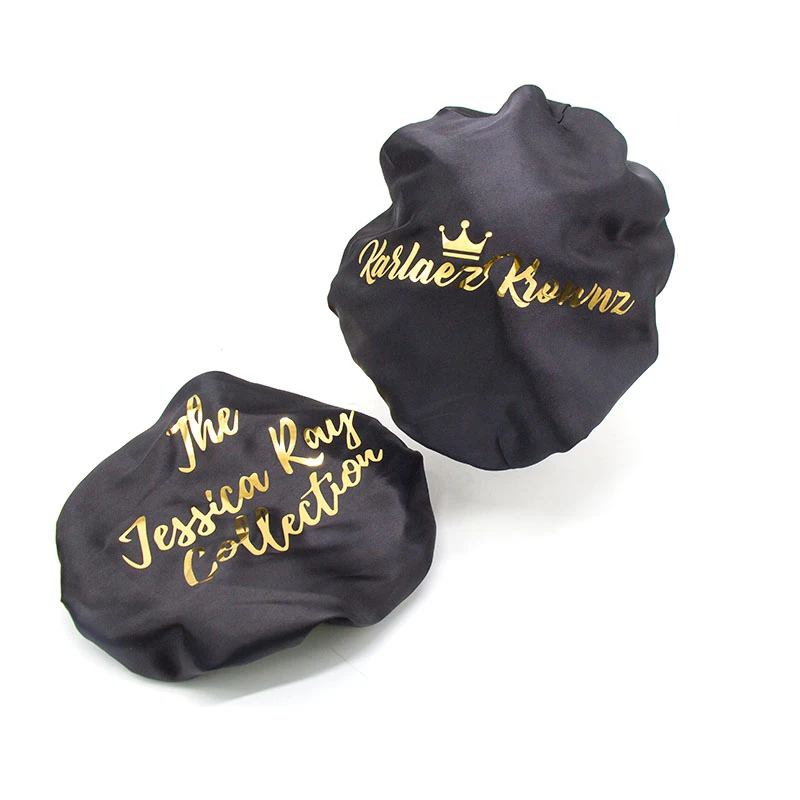 

Customized Print Logo 2 Layer Polyester Satin Bonnets Caring Extention Wig Hairs Sleep Cap Bath Caps Adult