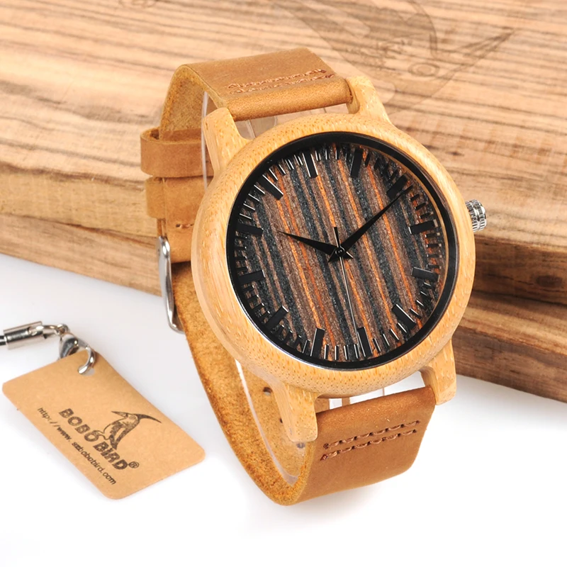 BOBO BIRD WH08 Bamboo Watch Wooden Dial Face with Scale Men Quartz Watches Leather Straps relojes mujer marca de lujo 2017