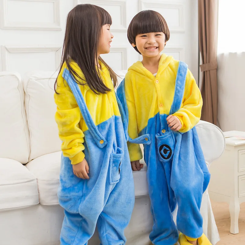 Желтый пижамный комплект с миньонами для мальчиков и девочек; фланелевая детская пижама с капюшоном и рисунком животных для костюмированной вечеринки; одежда для сна; infantil Kigurumi