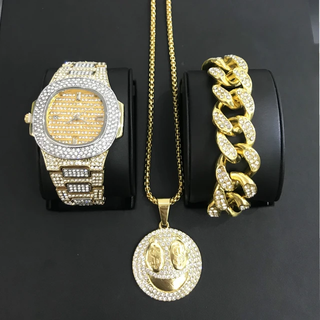 THE JR BLING BOX! HIP HOP ICED OUT GOLD PLATED LAB DIAMOND WATCH & CUBAN  CHAIN BRACELET COMBO SET