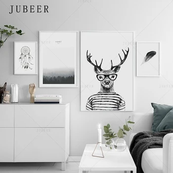 

Nordic Simple Style Poster Wall Art Prints Deer Canvas Painting Sea Feather Decoration Picture for Living Room Home Decor