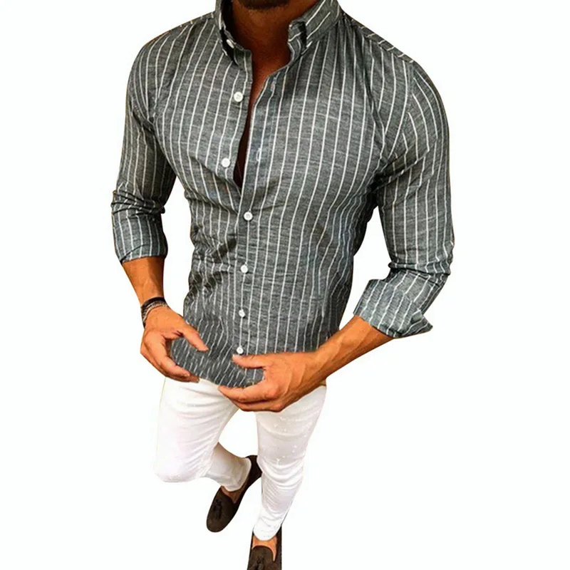 

SHUJIN Men Striped Breasted Shirts Turn-down Collar Long Sleeve Casual Shirt Spring Autumn Slim Basic camicia uomo