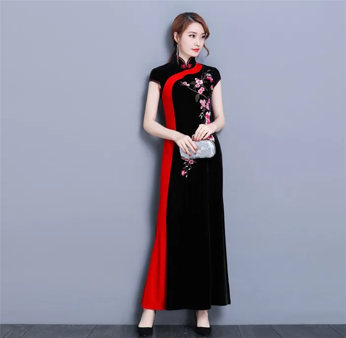 Весна Cheongsam Moderm китайское традиционное платье женское золотое бархатное Qipao платье Элегантное восточвечерние платье Vestido W762 - Цвет: Black