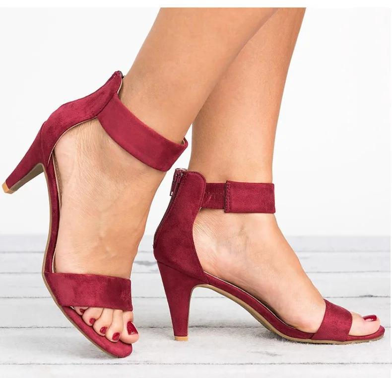 Женские босоножки Летняя обувь с открытым носком, босоножки на высоком каблуке 5 см Женская обувь на тонком каблуке, большой размер 43 г. Женская обувь, Sandalias Mujer - Цвет: Бордовый