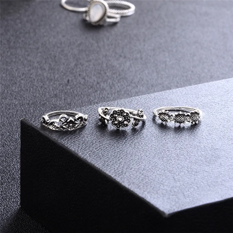 2018 Hot New Arrival Fashion Women Bohemian Vintage Silver Stack Rings Above Knuckle Blue Rings for women Ring Set J19#N (8)