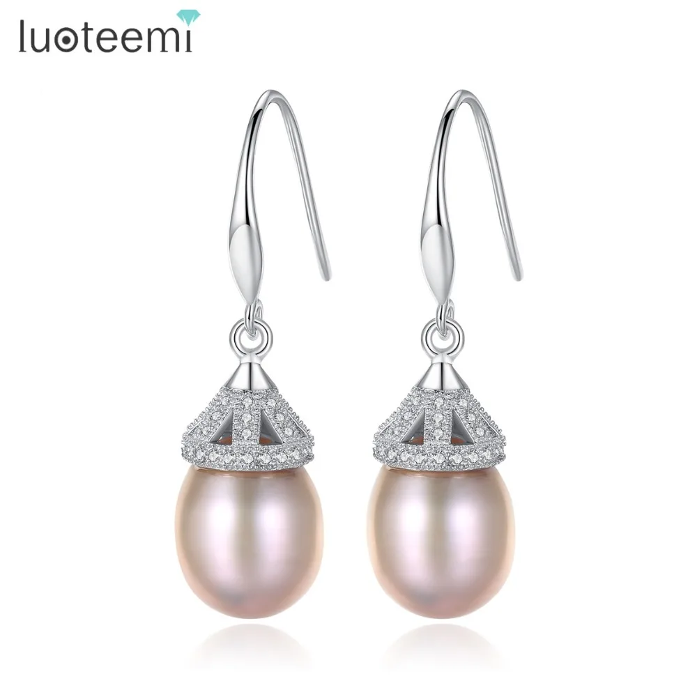 

LUOTEEMI 925 Sterling Silver Tahitian Freshwater Cultured Pearl CZ Zircon Long Bridal Dangle Earring For Women Trendy Jewellery