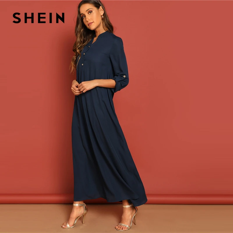 SHEIN Длинное Платье На Пуговицах С Оригинальным Рукавом, Элегантное Офисное Макси Платье С Длинным Рукавом