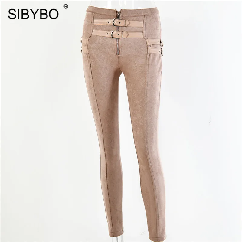 SIBYBO замшевые обтягивающие повседневные женские брюки с высокой талией, модные женские узкие брюки с пряжкой на ремне, женские сексуальные брюки осень-зима - Цвет: Хаки