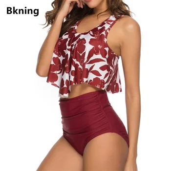 

Top Ruffle Bikini 2019 Women Swimwear Large High Waist 2 Piece Biquini Lotus Strap Flower Floral Print Bikinis Set Plus Size 3XL