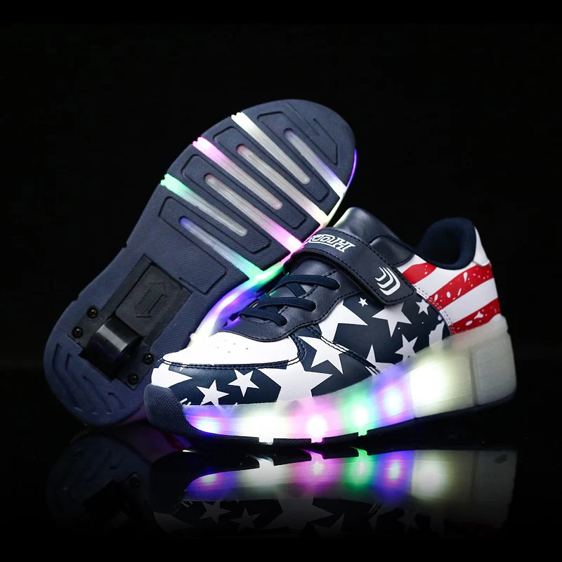 

BABAYA Flag Stars Print Children Light Shoes with Wheels Leather Boys Girls Luminous Sneakers Kids Glowing Shoes 41