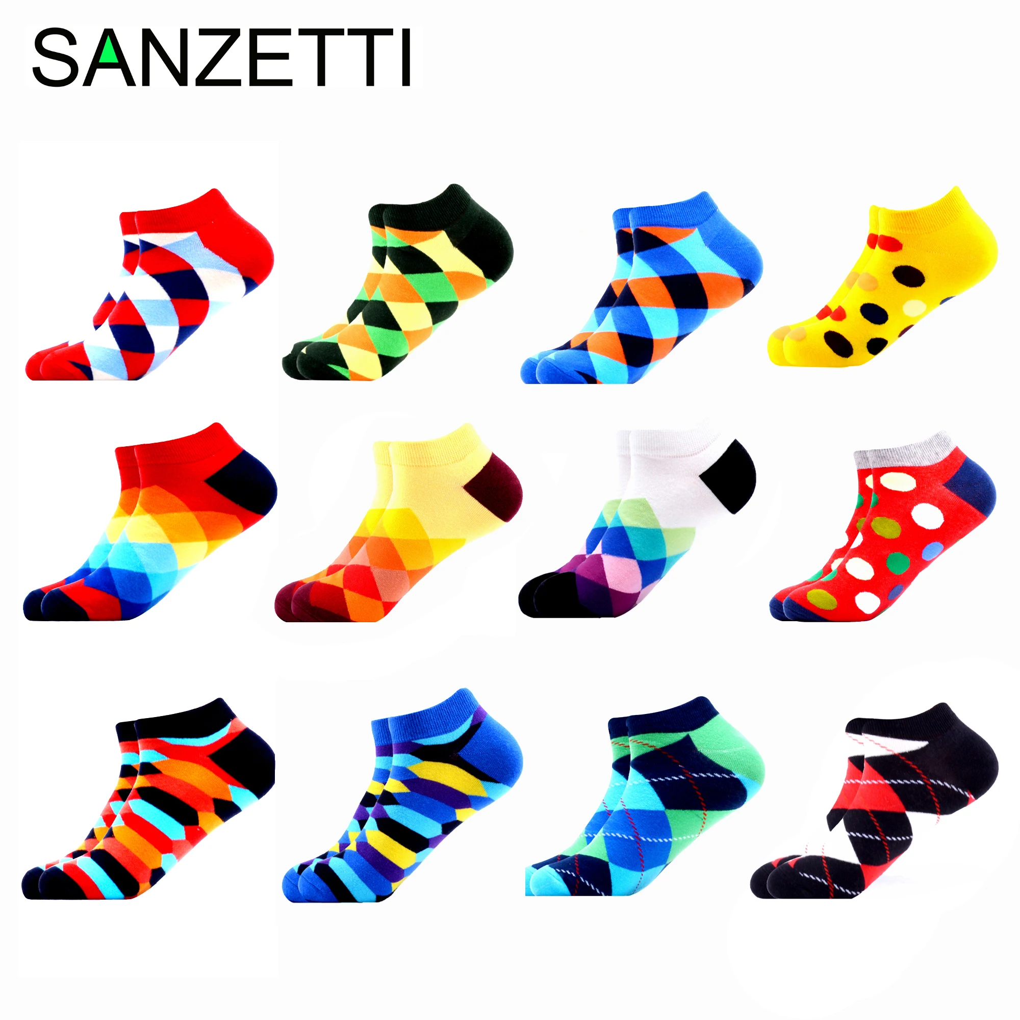 SANZETTI/12 пар/партия, летние женские повседневные носки, новинка, цветные носки по щиколотку из чесаного хлопка, Harajuku Happy, короткие носки, клетчатые носки