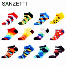 SANZETTI/12 пар/партия, летние женские повседневные носки, новинка, цветные носки по щиколотку из чесаного хлопка, Harajuku Happy, короткие носки, клетчатые носки