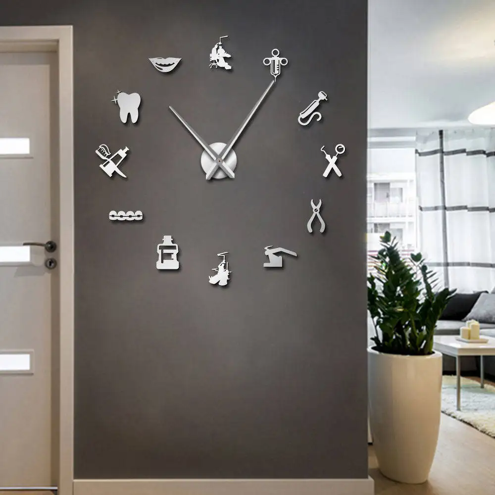 Günstig Zahnarzt Werkzeuge Rahmenlose 3D Wanduhr Dental Praktiker Klinik Stomatological Krankenhaus Kieferorthopädie Art Decor Uhr