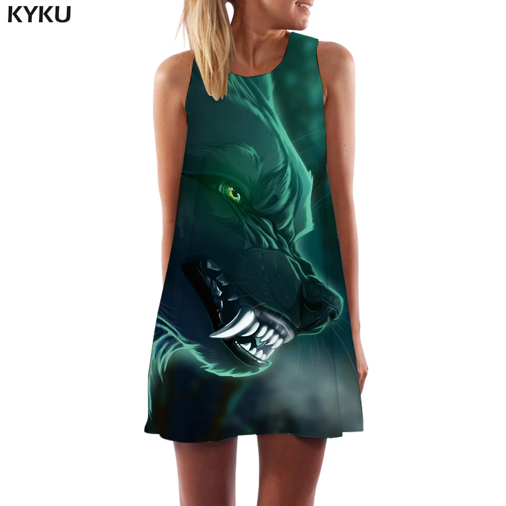 

KYKU Brand Wolf Dress Women Animal Korean Style Green Office Harajuku Party Gothic Short Womens Clothing Vintage Ladies Cool