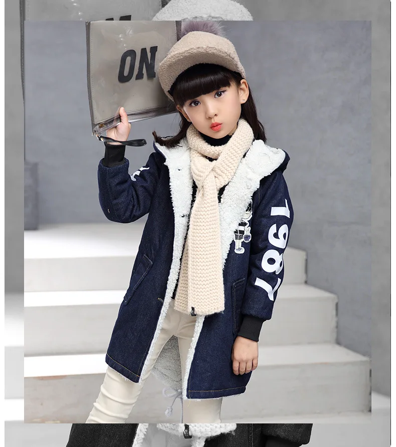 Одежда для девочек г. Зимняя новая Вельветовая Плотная джинсовая куртка с капюшоном и рисунком детская одежда с длинными рукавами на возраст от 4 до 12 лет
