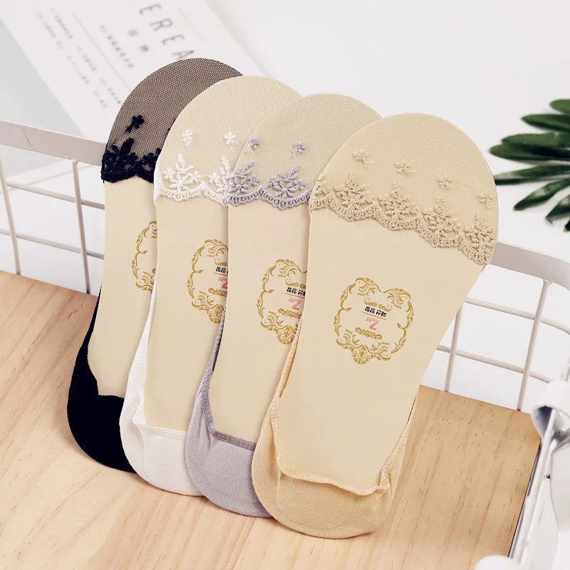 Summer women girl Silica Gel Lace Boat Socks Invisible Cotton Sole Non-slip Antiskid Slippers Anti-Slip Sock | Женская одежда