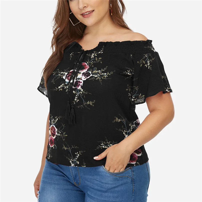 New Fashion Women Summer Casual Daily Plus Size Slash Neck Off Shoulder Floral Print Tassel Ribbons Top #4F05 (9)