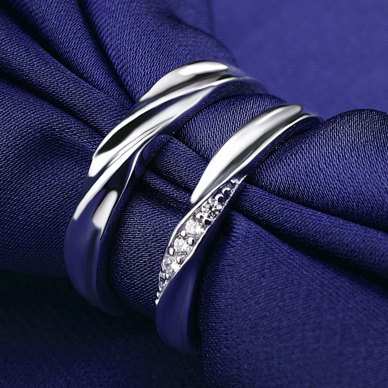 COLORFISH Sterling Silver Wedding Rings Pair For Women Men Micro Pave Small Cubic Zircon Simple Fashion Couple Rings Lovers Gift