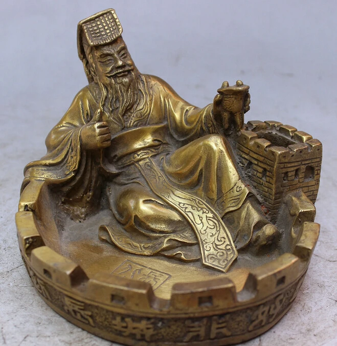 

S4985 Chinese Brass Happy Qin Shi Huang Hold Cup Overlie Great Wall Statue Ashtray D0317