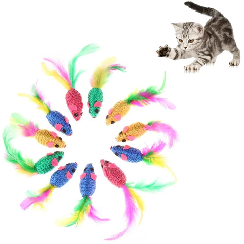 

1/12Pcs Funny Cat toys Sisal Mouse Playing Toys for Cats Kitten Interactive Playing Toy Colorful Feather Mouse Toy Cat Products