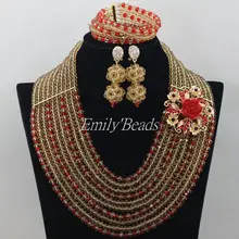 Последние коралловые золотые шампанские Женские Стильный Кристалл бусины красные нигерийские Свадебные африканские бусины Ювелирный Набор AMJ750