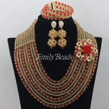 

2015 Latest Coral Gold Champagne Women Stylish Crystal Beads Red Nigerian Wedding African Beads Jewelry Set Free Shipping AMJ750