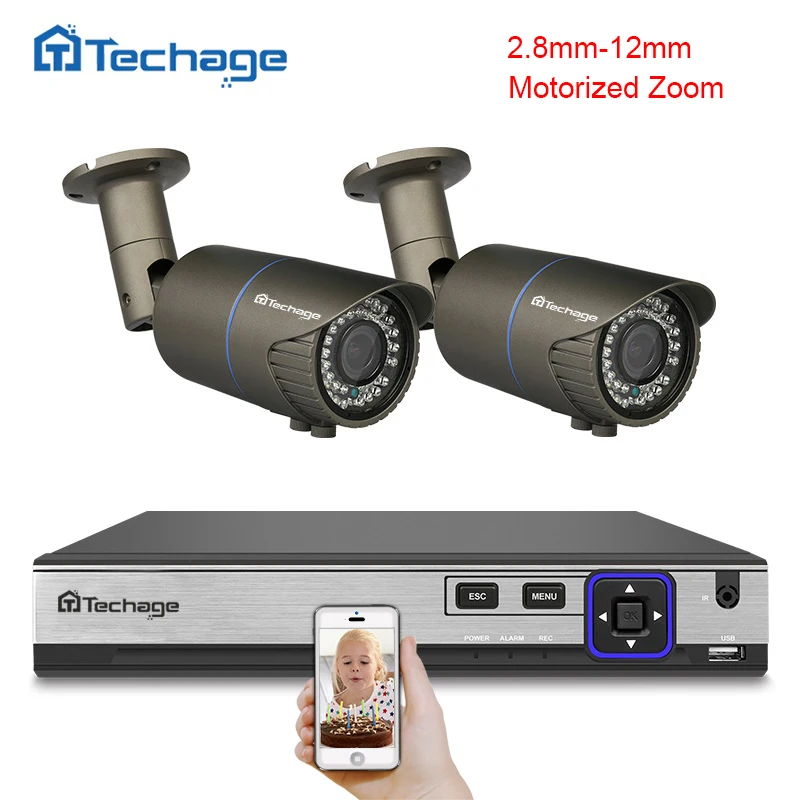 

Techage H.265 4CH POE NVR Kit 4MP CCTV System 2PCS 2.8mm-12mm Motorized Zoom Auto Lens POE IP Camera Outdoor Security DIY Kit