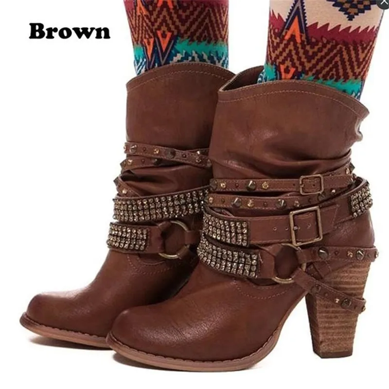 Women Rhinestone Winter Boots Zipper Rivet Buckle Lace up Ankle Western Boots Cowboy Round Toe