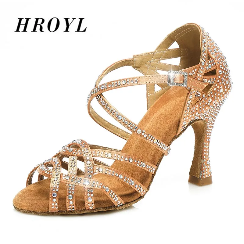 

HROYL New Women Latin dance shoes Female Girl salsa sandal Rhinestone Ladies Ballroom tango samba Sexy Party Heedl6/7.5/8.5/10cm