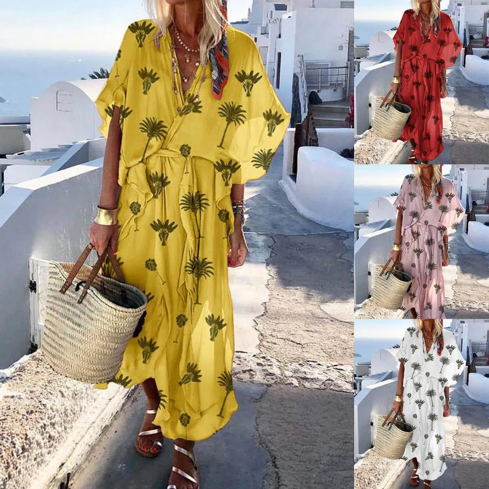 

Bohemian Summer Loose Beach Print Dress Plus Size V Neck Women Dresses Beach Boho Printed Casual Leaf Dresses vestidos vadim #C