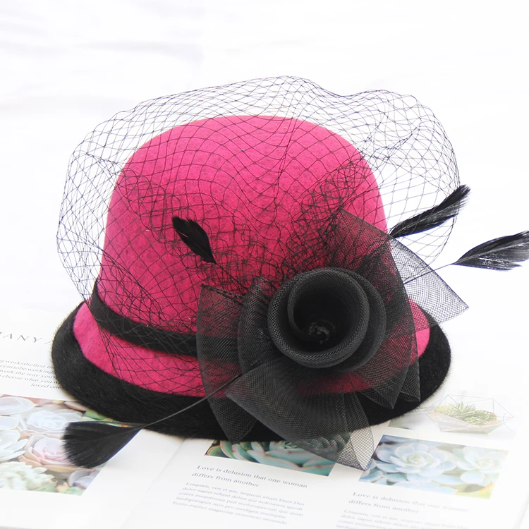 Элегантный шерстяной войлочная одежда черные женские красные шляпы Свадебные вуалетки женские сетчатые банты шляпа-таблетка Chapeau вечерние шляпы