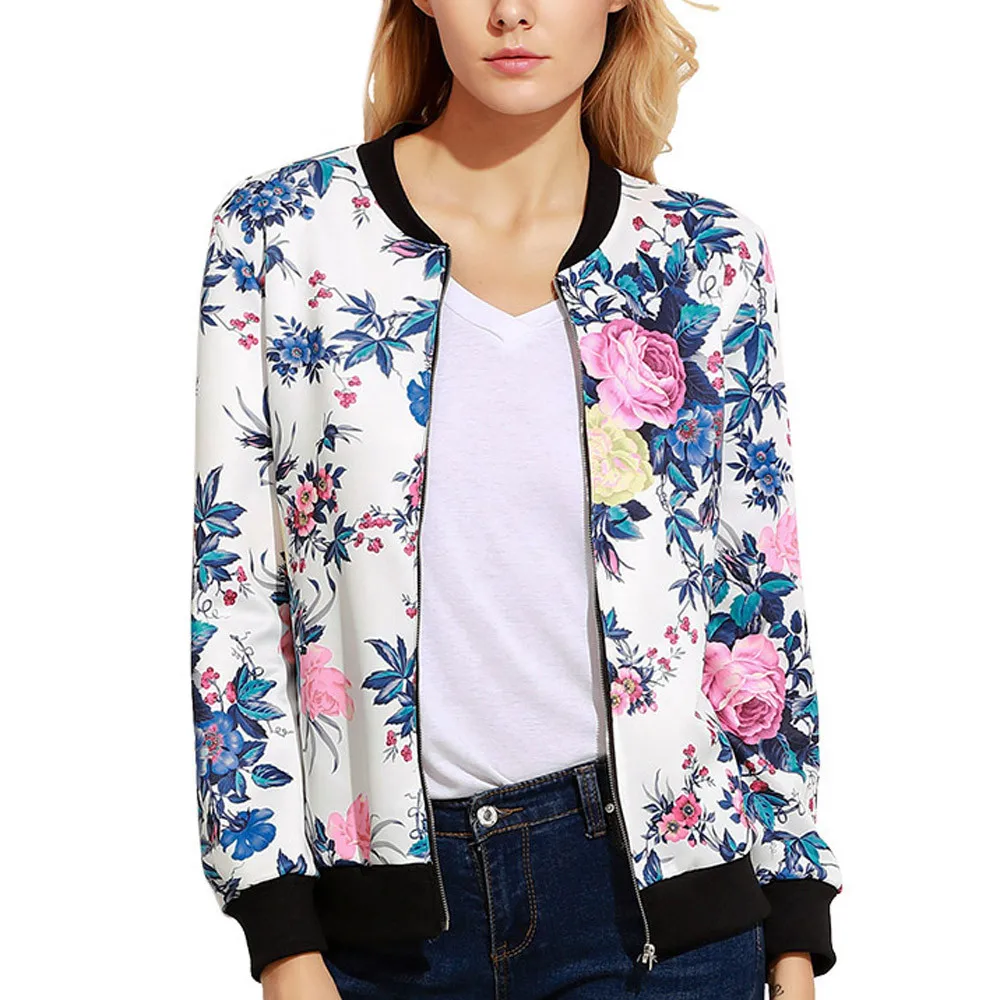New Ladies Vintage Flower Print Bomber Jacket Women Autumn