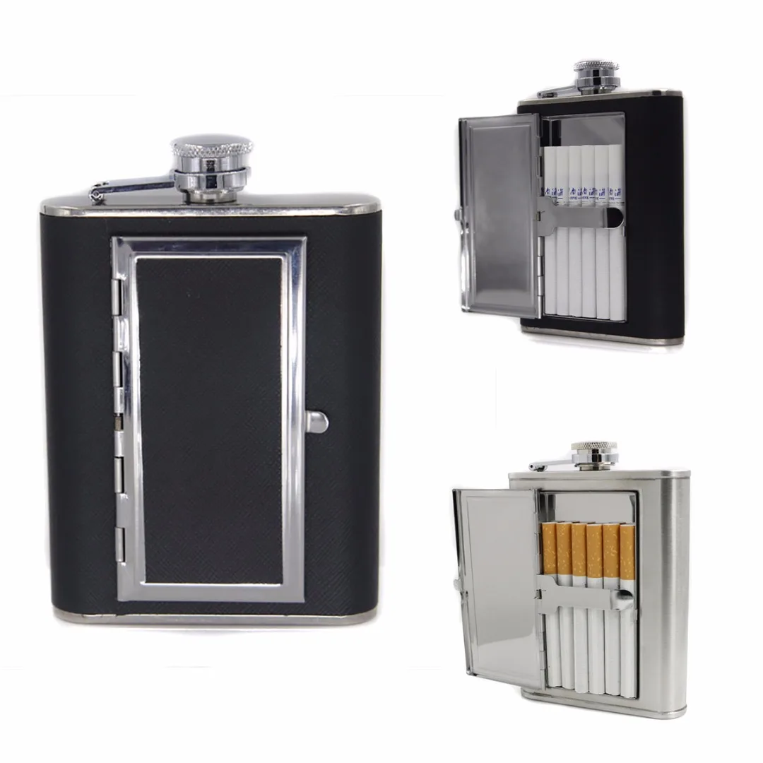Portable Stainless Steel Liquor Wine Alcohol Flagon Hip Flask + Cigarette Case Black 2018 New