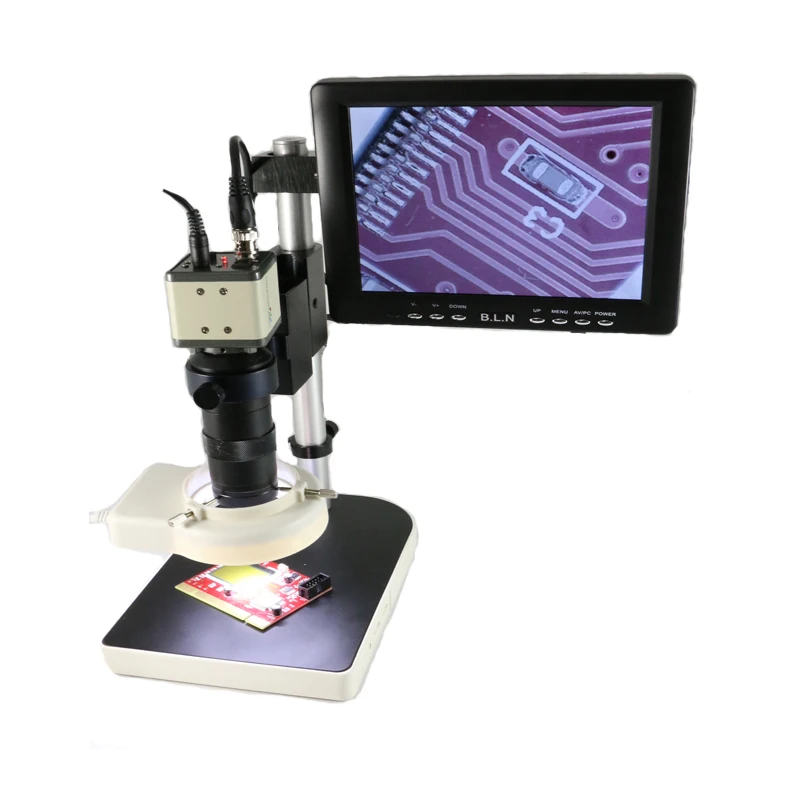 

800TVL 130X C-Mount lens Microscope Industrial Camera microscopio BNC/AV 8" LCD Monitor Stand Holder 56 LED Ring Right