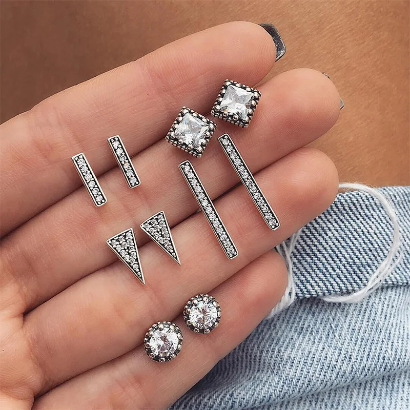 

10 Pcs/set Women Bohemian Retro Triangle Round Geometric Crystal Silver Earrings Wedding Shiny Earrings Set