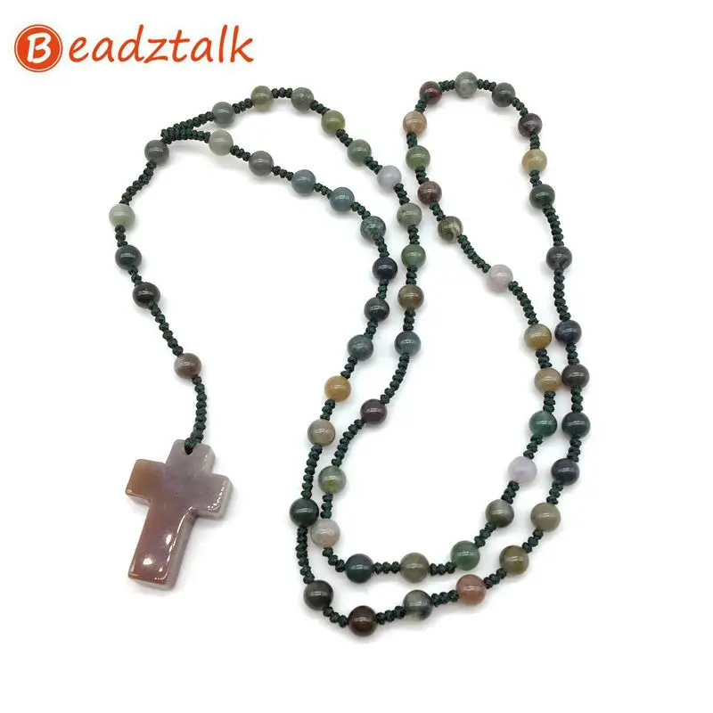 Beadztalk для мужчин и женщин католический Христос камень бусины 6 мм Четки бисера крест кулон тканые веревки ожерелье синий черный зеленый и т. Д - Окраска металла: indian agate