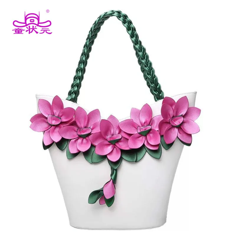 

2018 The New Female Flower Bag Splicing Hit Color Fluorescent Fashion Flowers Woven Large Capacity Shoulder Bag Fashion Tote