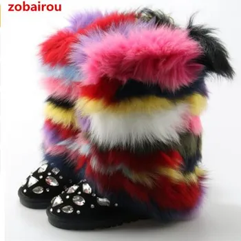 

2018 winter woman Ladies fur snow boots leather stockings mixed colors bota feminina crystal girls shoes woman booties flats