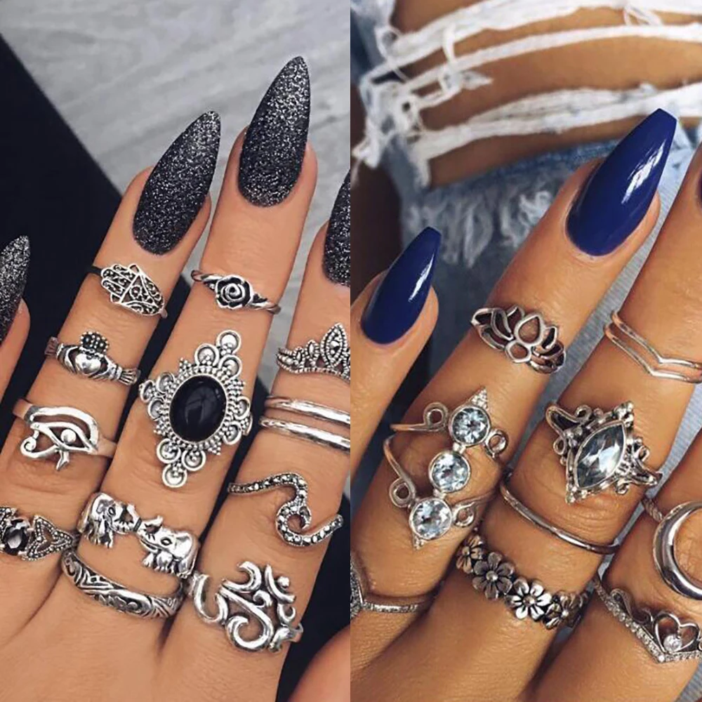 

New 12 Pcs/Set Retro Crystal 3D Flower Crown Heart Knuckle Rings Set For Women Bohemian Stone Turtle Midi Finger Ring Jewelry