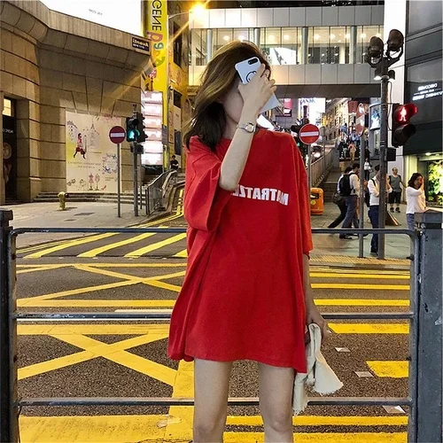 Harajuku/крутая футболка большого размера с буквенным принтом для девочек, длинная футболка, женский летний белый Топ для женщин, свободная футболка в Корейском стиле - Цвет: Xian 464 hong