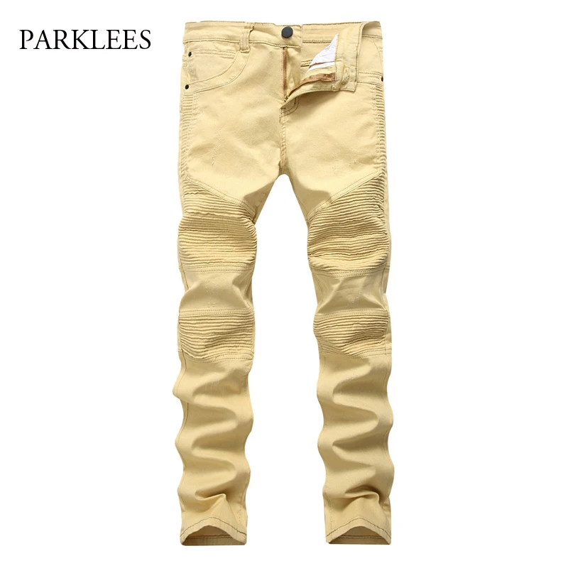 New Biker Jeans Men Jeans Homme 2017 Autumn Fashion Fold Design Jeans Cargo Pants Casual Cotton 1