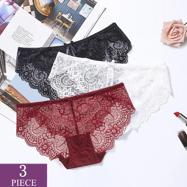

Plus Size 3 Pcs Women Lace Seamless Panties Sets Underwear Female Low-Rise Sexy lingerie Briefs for women thongs and g strings