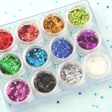 12 банок/набор Крестовая звезда блестит голограмма Четырехугольная звезда смешивает Блестки для ногтей голографические Блестки для ногтей украшения для дизайна ногтей