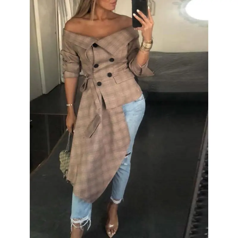 

Vintage Plaid Sexy Off Shoulder Blouse Women Asymmetric Hem Design Spring Tops Elegant Street Stylish Ladies Long Sleeve Blouses