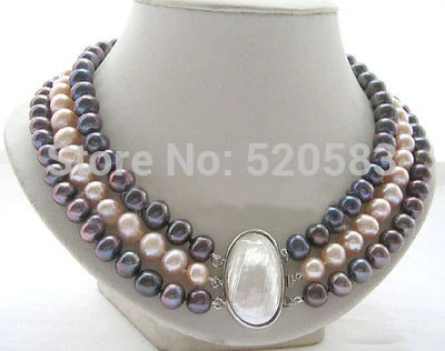 

Charming 17"3row 10mm natural black pink round freshwater pearl necklace (A0513)